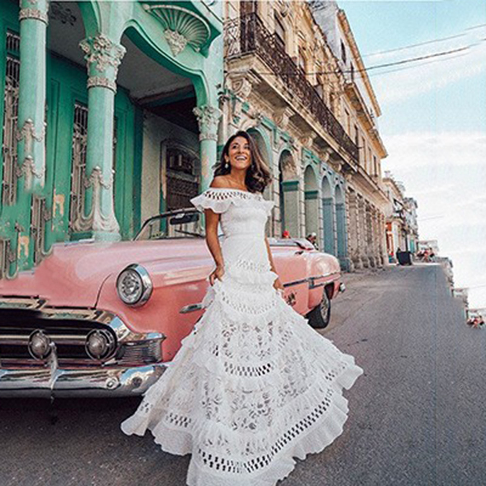 2025 Summer New Womens One Shoulder Lotus Leaf Edge Hollow Out Large Swing Lace Dress Long Skirt