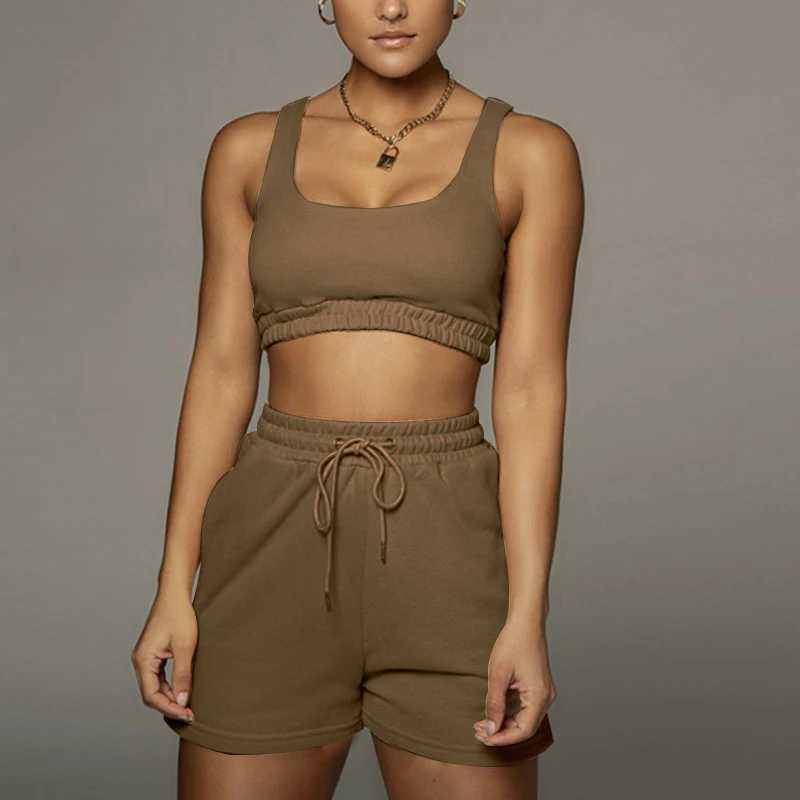 Crop top and Drstring shorts set sexy U-neck fitness vest summer sports casual cycling shorts two-piece set womens clothingXJ250414