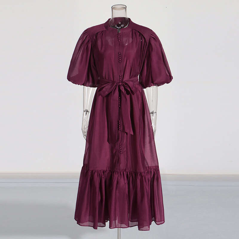 Designer Elegant High-End Ruffled Edge Spring/Summer Long Dress With Bubble Sleeves - Solid Colors Available