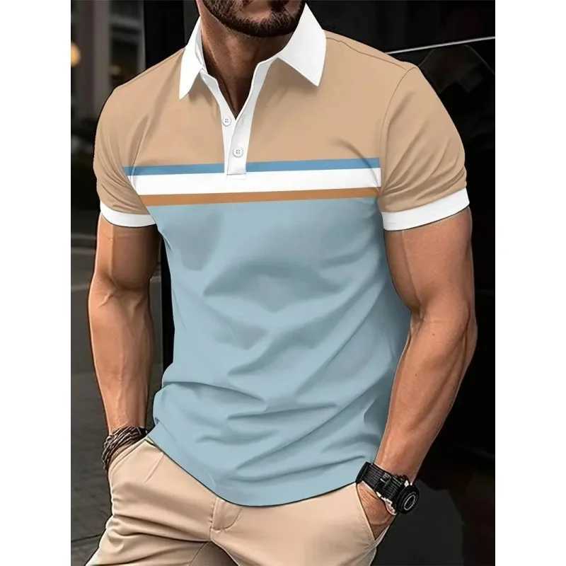 3D printed striped geometric polo shirt mens color block graphic short sleeved T-shirt casual button top loose polo shirt W250414