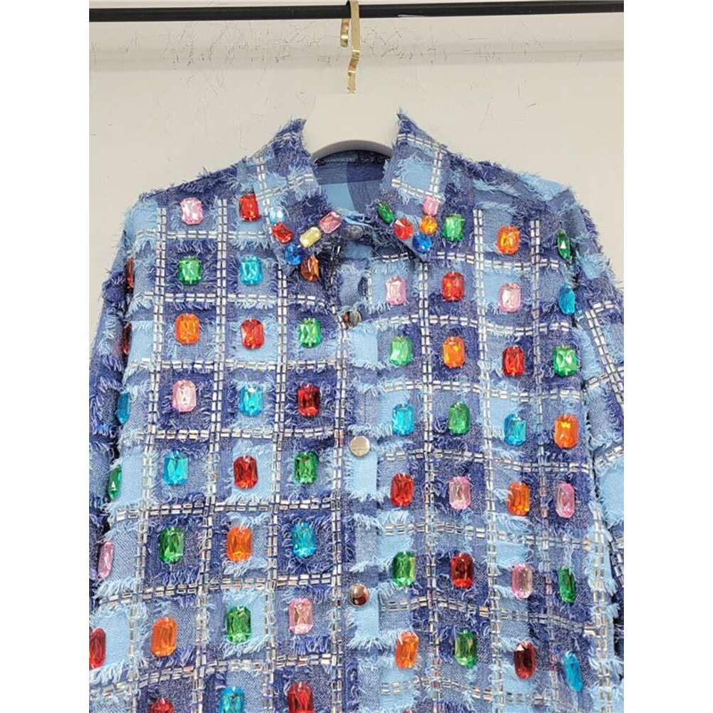 DEAT Women's Denim Shirt Loose Patchwork Plaid Burrs Edge Colored Dia Single Breasted Blouse 2024 Summer New Fashion 29L6604