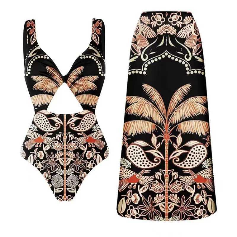 Printed One Piece Swimsuit Women Bikini with Beach Set New One Shoulder High Waist Split Swimwear Brazilian Biquini Bathing SuitW251113