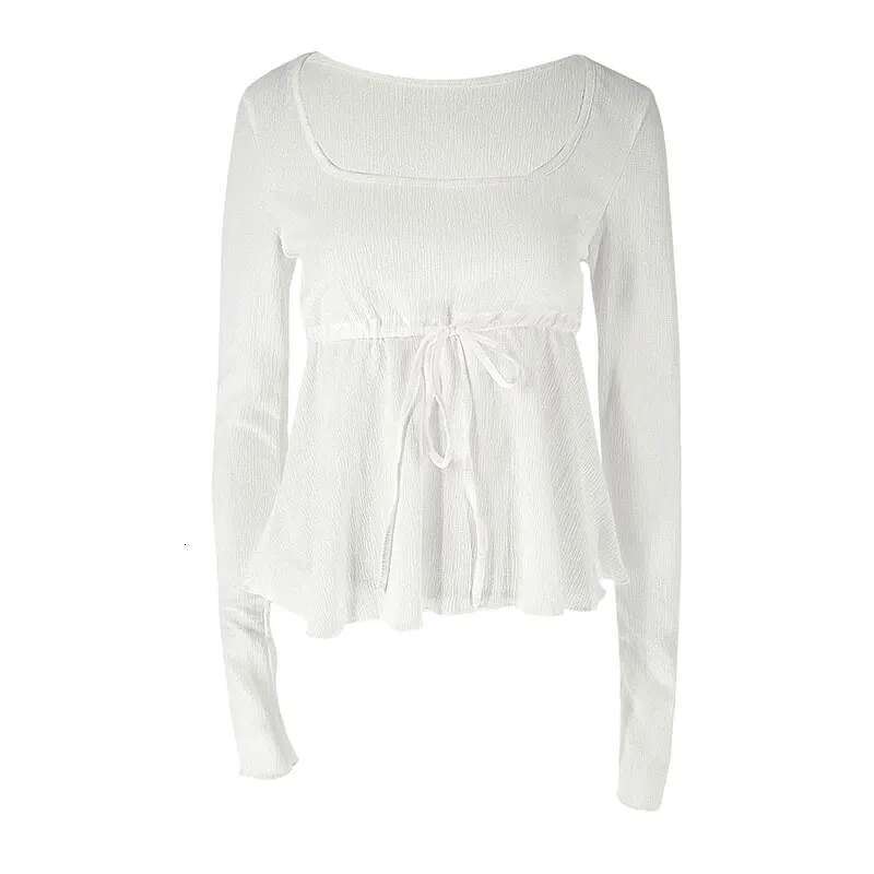 Autumn New Women Streetwear Sexy Sheer Solid Top Fashion Lace-up Long Sleeves Crop O-Neck Casual Slim Versatile T-shirt