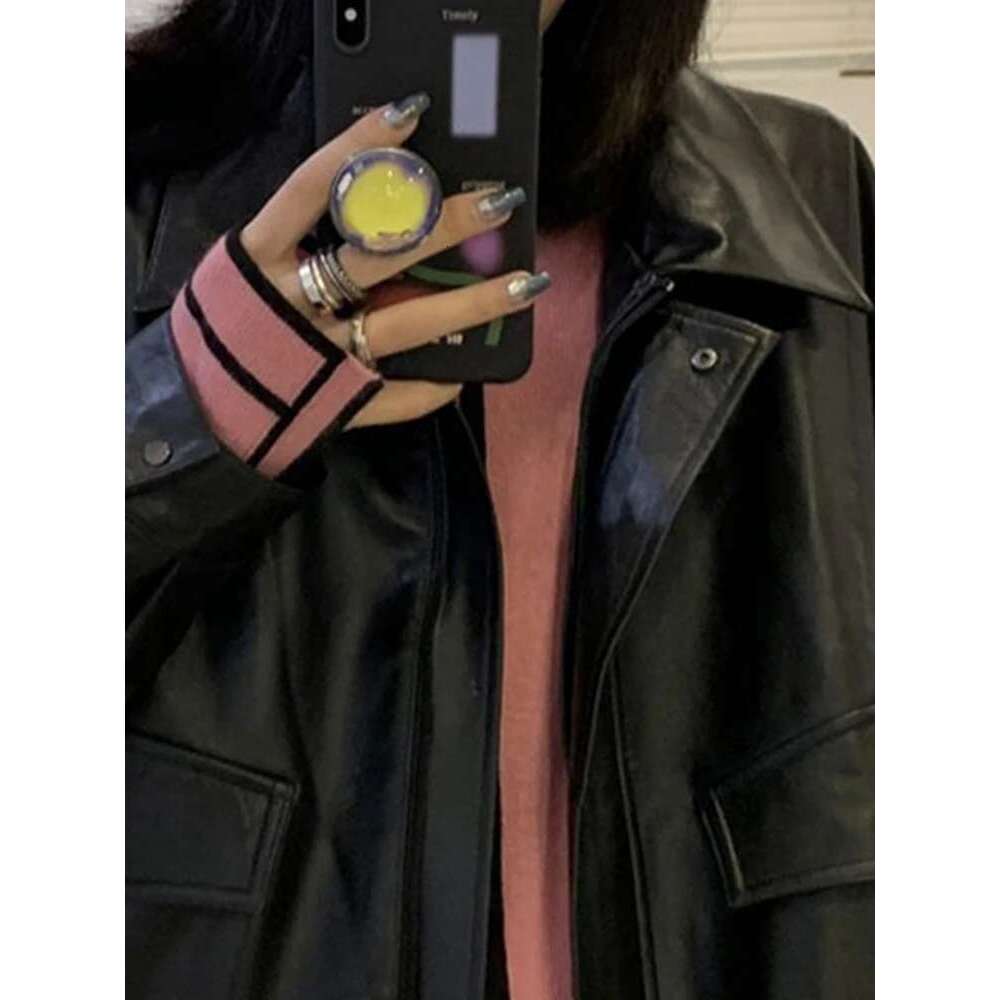 Designer Clothes Lautaro Spring Autumn Cool Retro Casual Oversized Black Waterproof Soft Faux Leather Jackets For Women Zipper Elastic Waist 2022