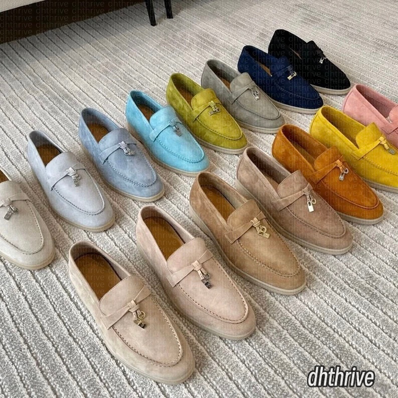 Brand Loafers Summer Charms Walk Suede Tassel Flat Shoes Comfort Shoes Slip on Women Gold or Silver Metal Lock Genuine Leather Decorate Flat Mules Casual Shoes 35-45