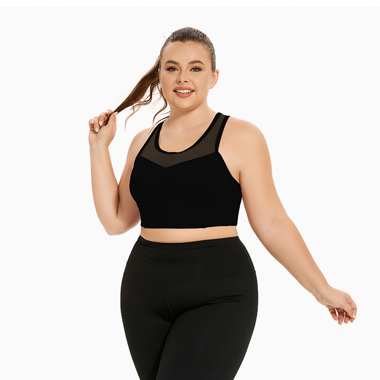 Large Mesh Splicing Vest Sports Shockproof Women Running One-piece Beautiful Back Gathering Plus Size Fiess Bra Yoga