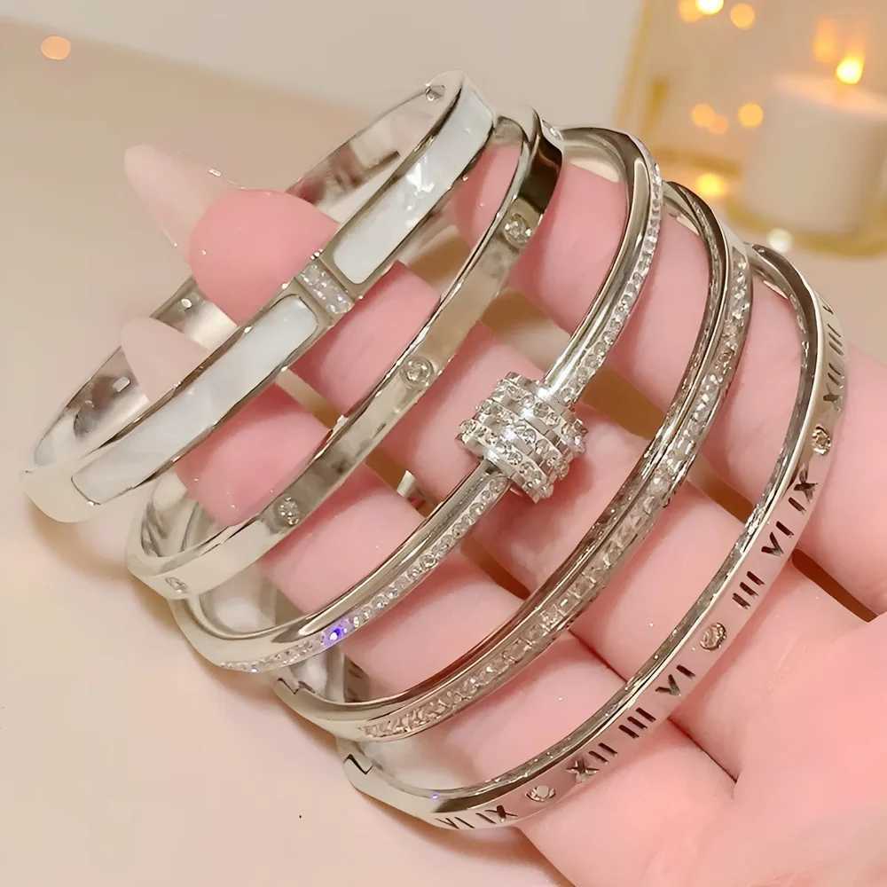 Yupsk 5Pcs/set Silver Color Stainless Steel Bracelet Shiny Zircon Inlaid Stackable Bangles Female Jewelry Gift K251113