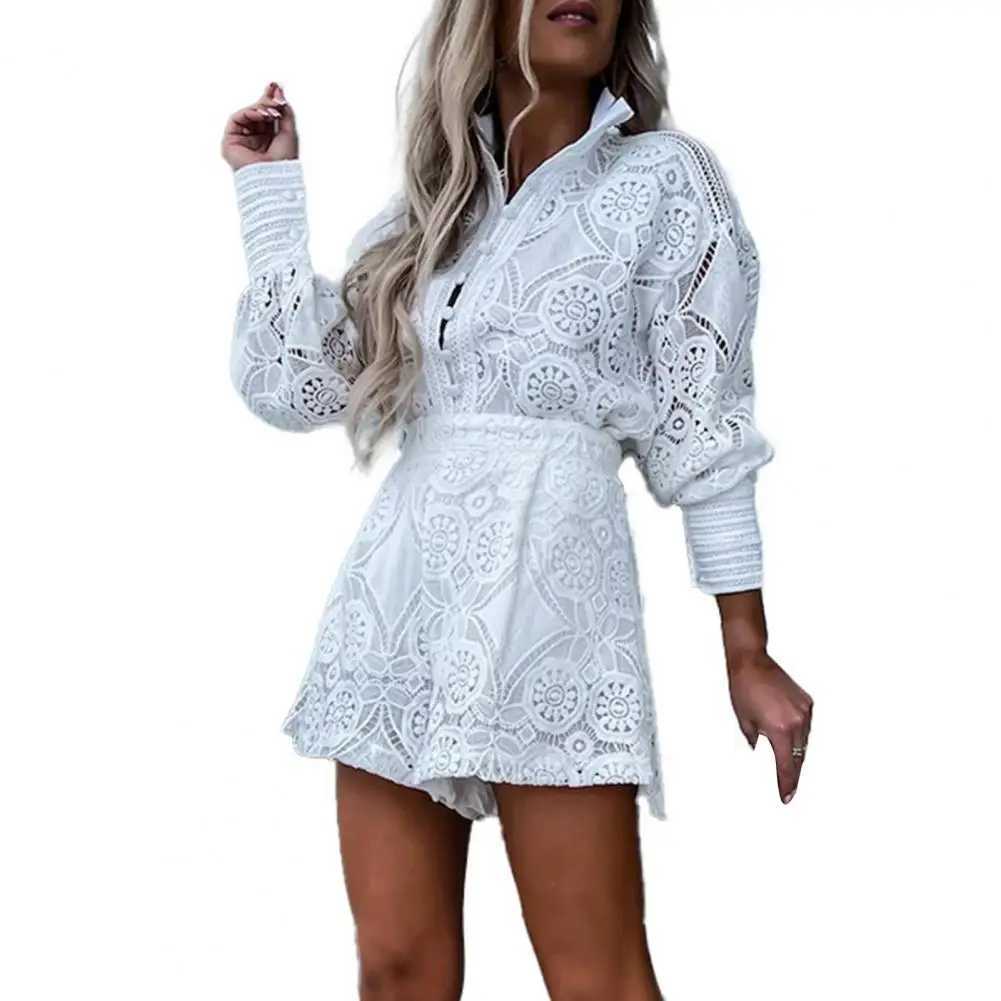 2 pieces/set of womens shirts long Sve single chest high waist embroidered hollow lace shirt wide leg womens shorts setXJ250414