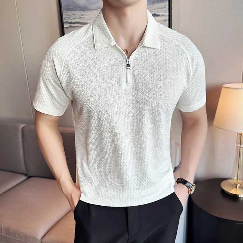 Mens polo shirt 2024 British style summer silk thin solid color casual elastic slim fit short sleeved T-shirt mens clothing W250414