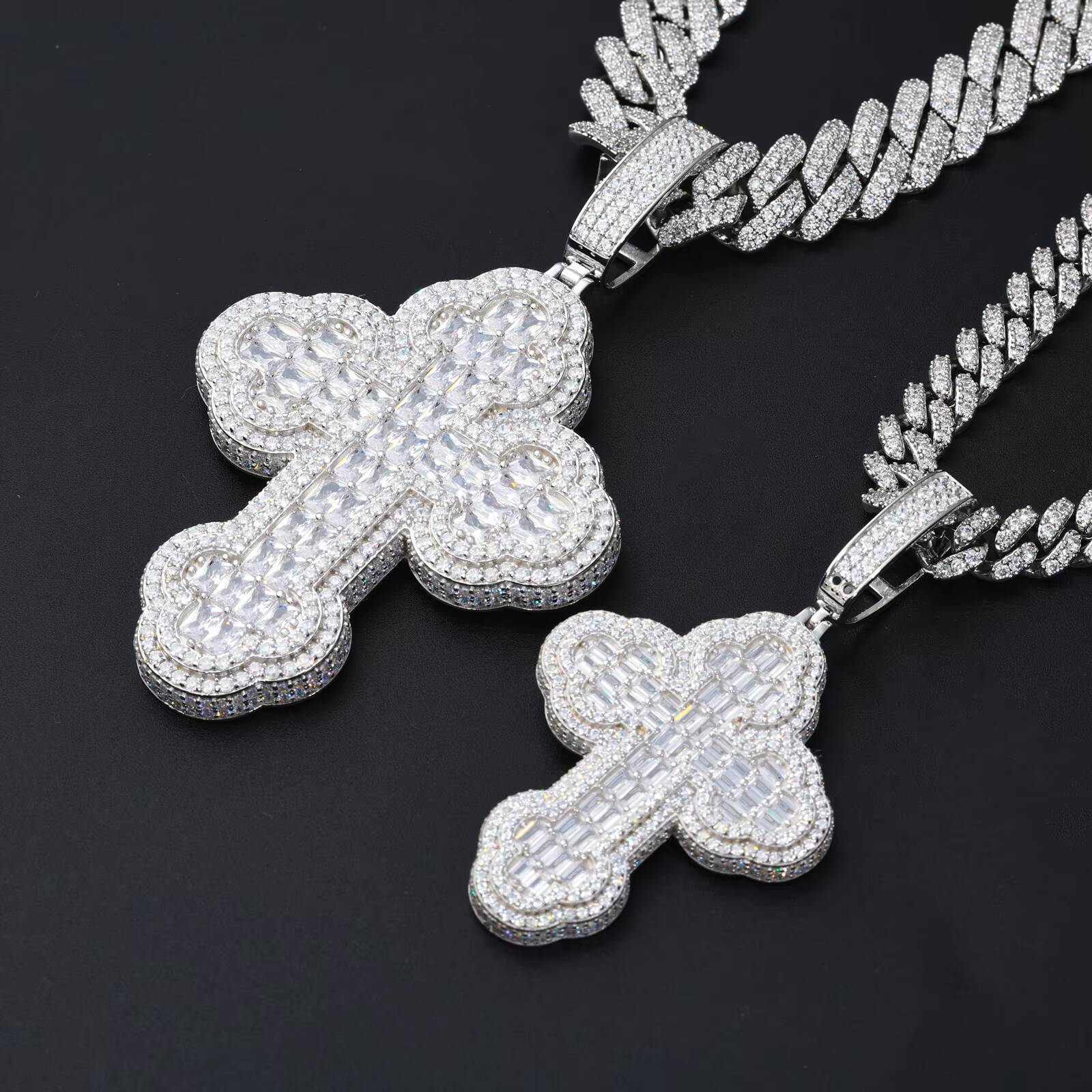 Drop Shipping Hip Hop Men Gift Jewelry 925 Sterling Silver Baguette Moissanite Diamond Religions Iris Cross Pendant