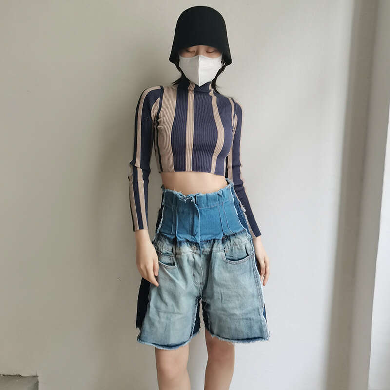 Designer Slimming Fashionable Women's Wide Leg Denim Shorts - High Rise & Colour Block Design