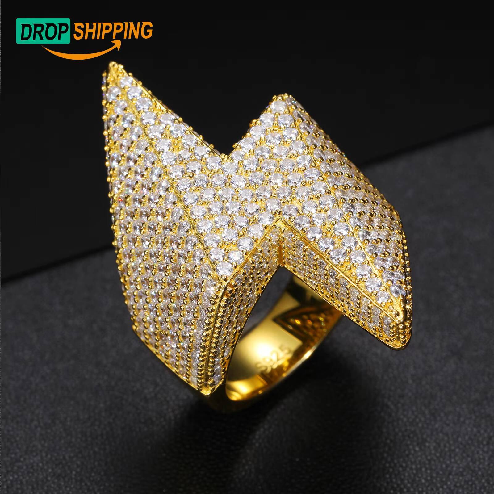 Dropshipping Micro Paved VVS Moissanite Lightning Hip Hop Ring 925 Sterling Silver Rapper Jewelry White Gold Plated Mens