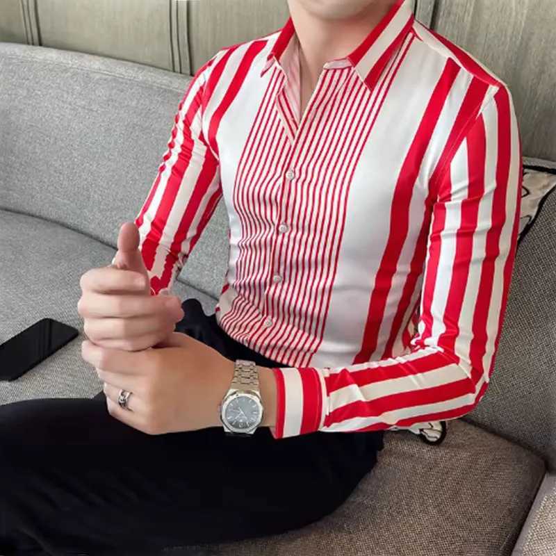 9-color striped mens casual breathable plus size mens sportswear comfortable fabric long sleeved shirt collar W250414