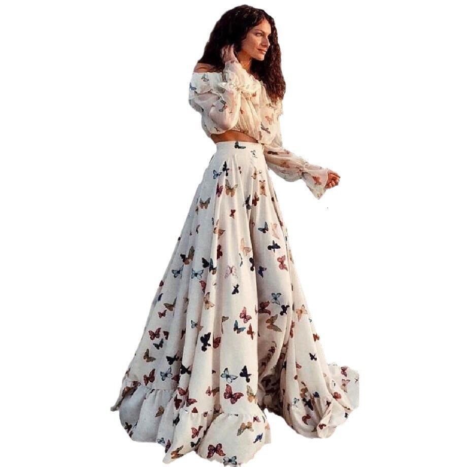 2025 Internet Celebrity Butterfly Print Two-piece Set Bohemian Long Skirt Long Beach Dress