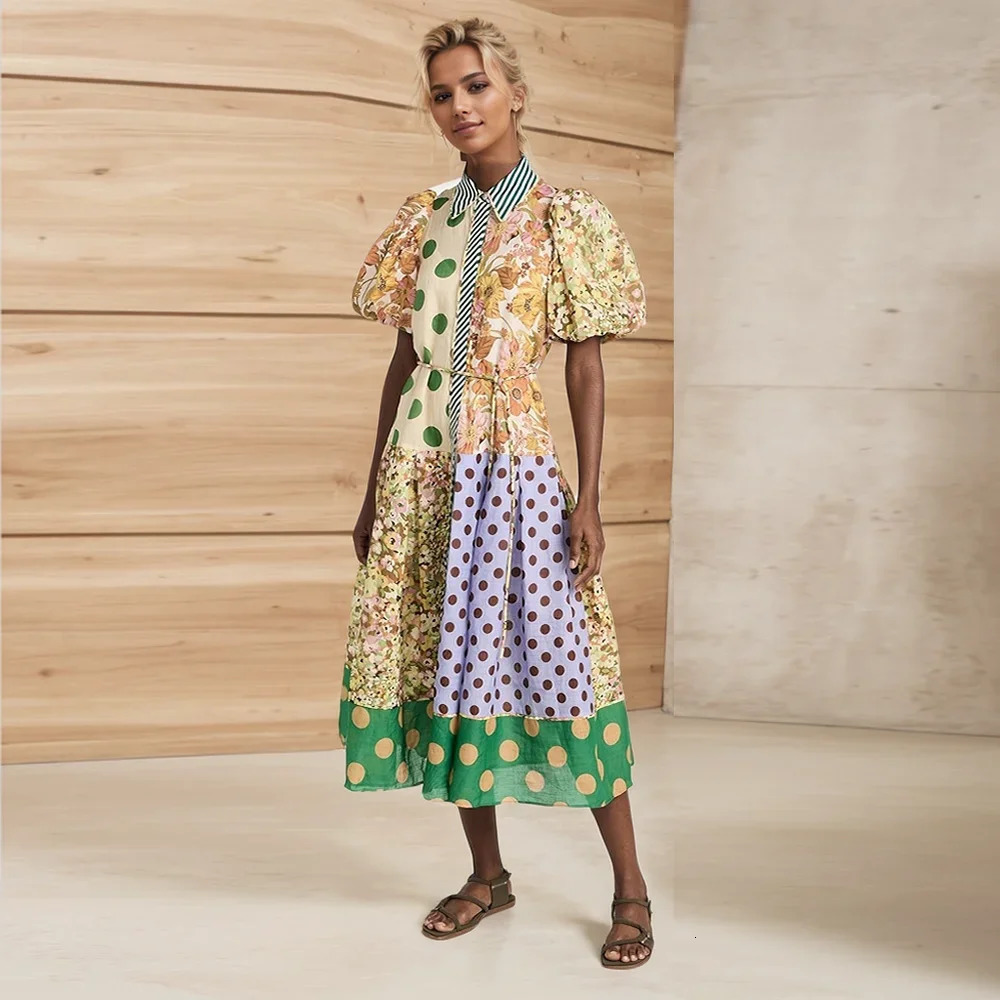 Summer Womens Single Chest Long Lantern Sleeve Graffiti Printed Tie Waist Dress Beach Vacation Flower Bohemian 250411