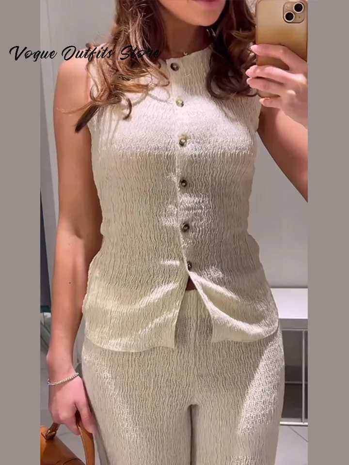 Ele pleated womens pants set V-neck single chest slim fit top waist wide leg pants 2025 spring new fashionable womens setXJ250414