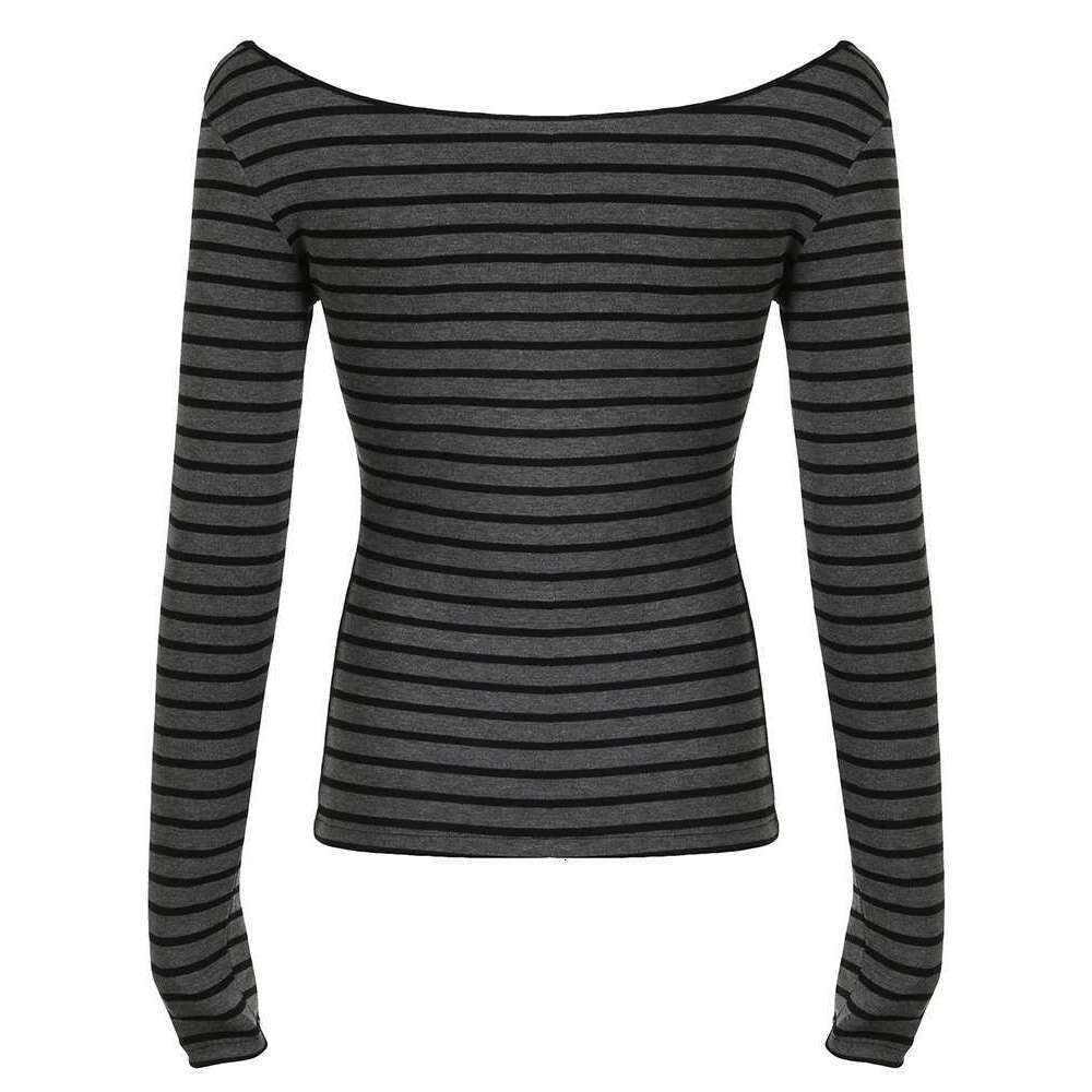 Sweetown Japanese Basic Slim Long Sleeve Stripe Tee Off Shoulder O Neck Korean Street Style Spring Autumn Y2K Gray T Shirt Women