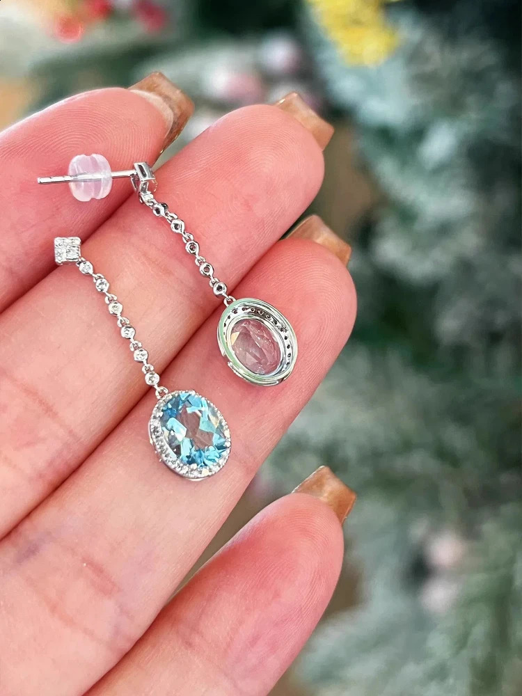 S925 sterling silver womens stud earrings oval Aqua blue zircon ear hanging jewelry for womens daily wear holiday party gifts 250409