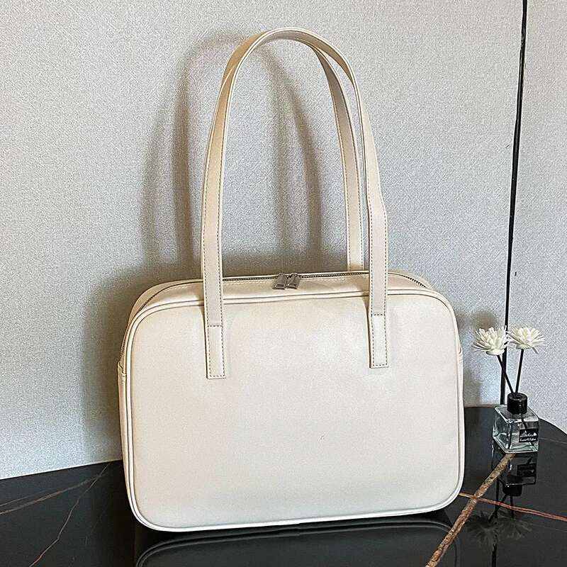 Korean Retro Soft Leather Solid Color Zipper Large Capacity Shoulder Commuting Briefcase Leisure College Style Women's Bag