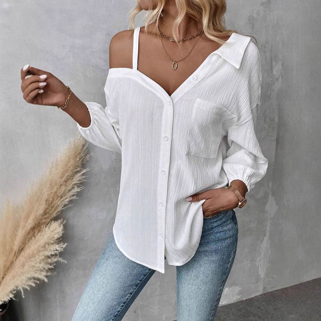 2025 Spring/Summer Flip Collar with Seven Cent Sleeve Off Shoulder Cardigan Texture Pattern Single breasted Casual Shirt