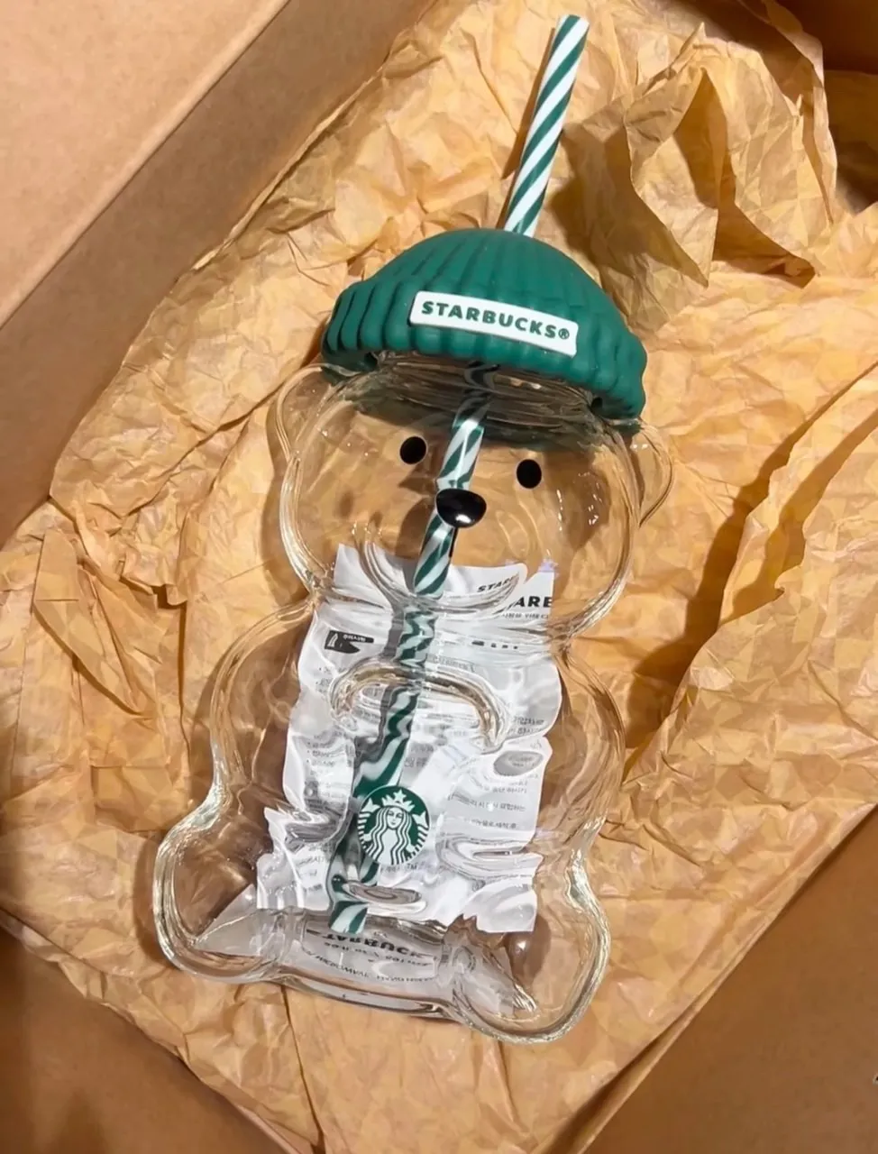 US Stock Star bucks Teddy Barista Glass Bear Cup Straw Cute Transparent Tumbler With Hat For Iced Coffee Cold Drink Christmas Gift
