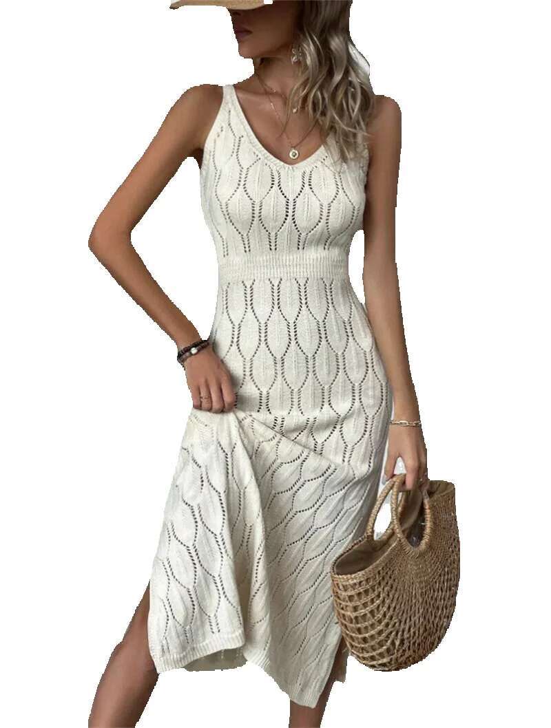 Designer womens dresses maxi dress summer new sexy hollow perspective vacation solid color backless knitted suspender
