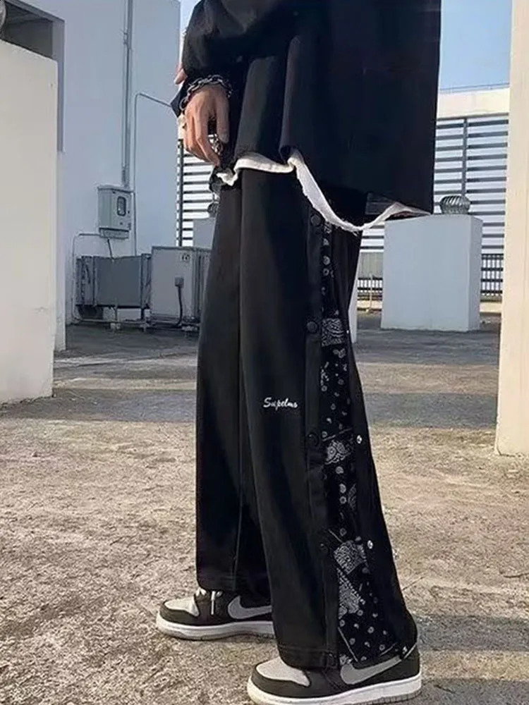 Breasted Pants Boys Fashion Straight Tube Trend Baggy Handsome High Street Hip Hop Wide Leg Open Hemp Flower Casual Sports 250411