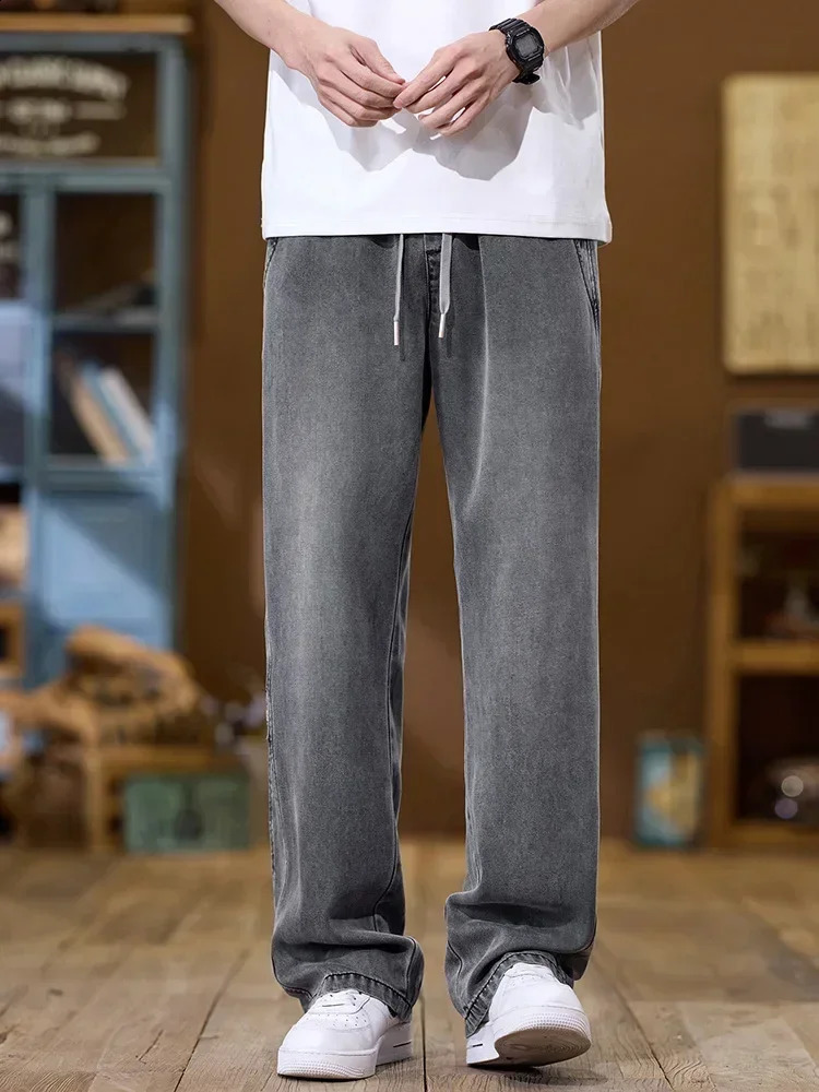 Soft Lyocell thin brushed jeans for men comfortable and casual Korean style fashionable straight three person mens street clothing loose 250407