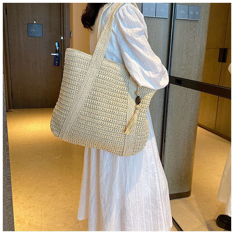 Handmade Beach Bag Women's Simple Large Capacity Lightweight Bucket Beach Trendy Grass Woven New Hand-Held Shoulder Bag Kq2