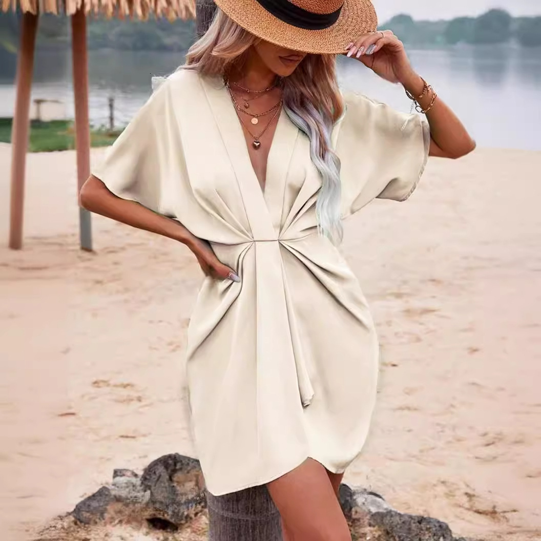 Dress V-neck elegant irregular sleeveless solid color floral bag skirt