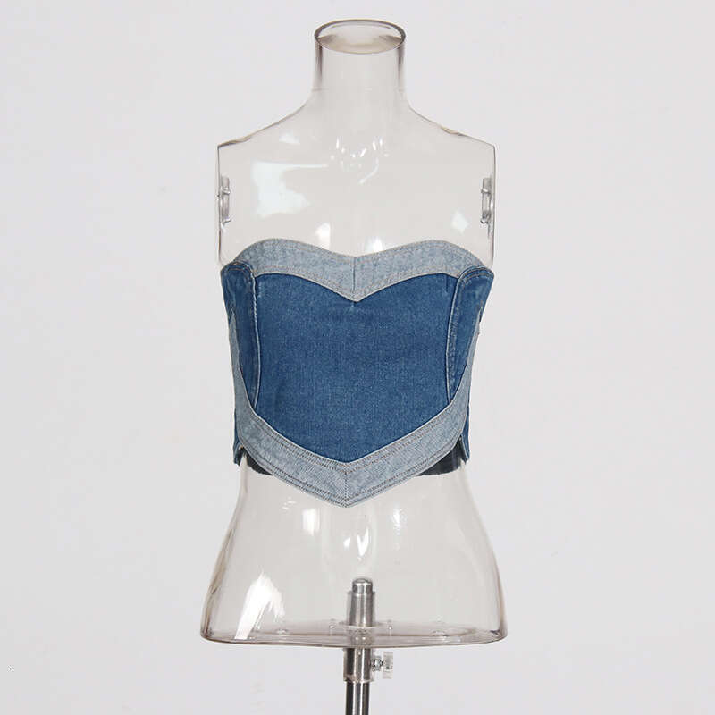 Designer Chic Women's Denim Strapless Vest - Spring 2025 Love Patchwork Detail & Slim Fit Cuteness