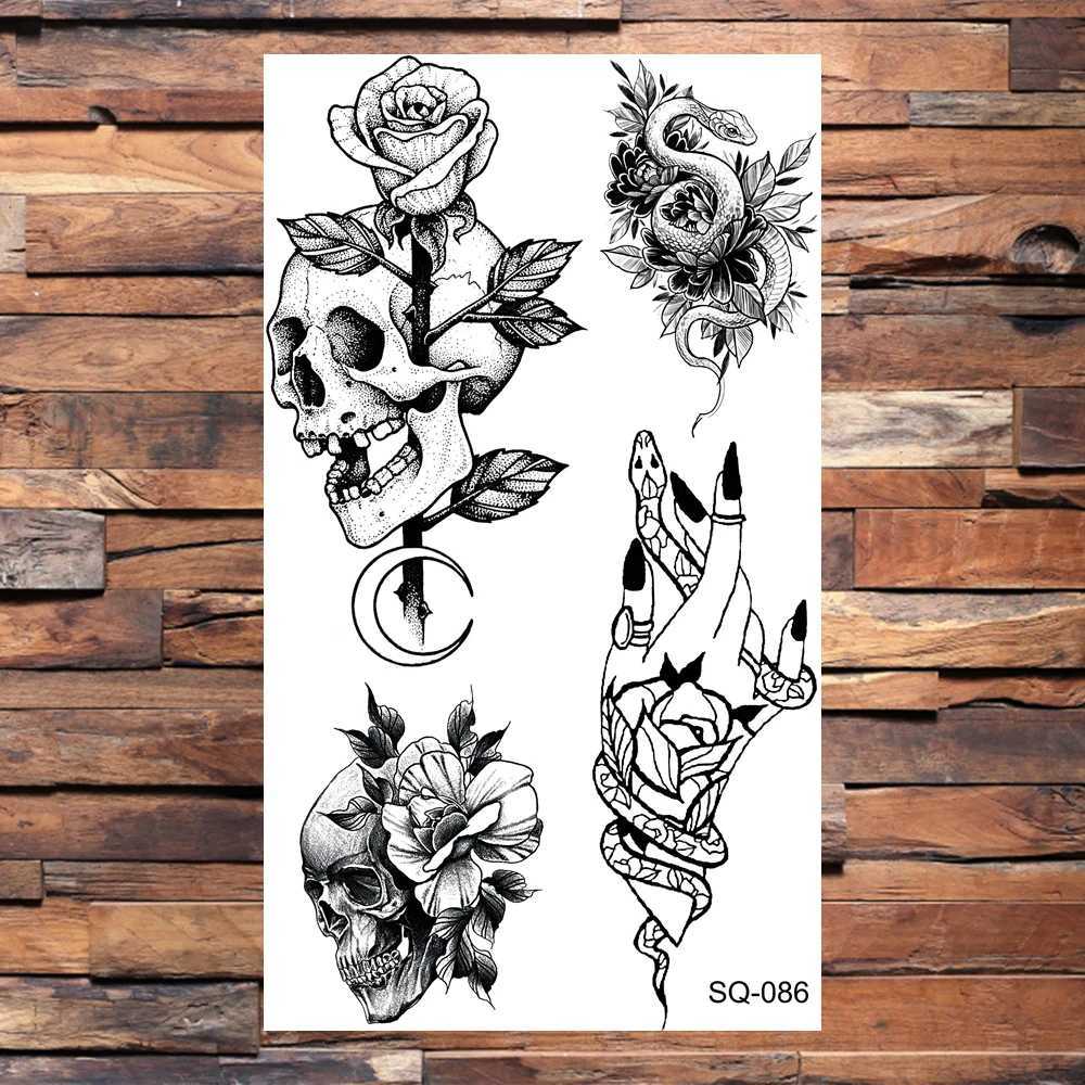 Skeleton Temporary Tattoo Female Adult Real Wolf Snake Rose Feather Fake Tattoo Sticker Back Tattoo BodyXJ25414