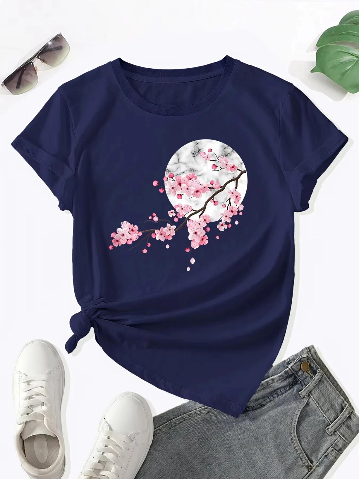 Sakura Moon Summer Casual Short Sleeve Round Neck Comfortable Womens Printed T-shirt 250410