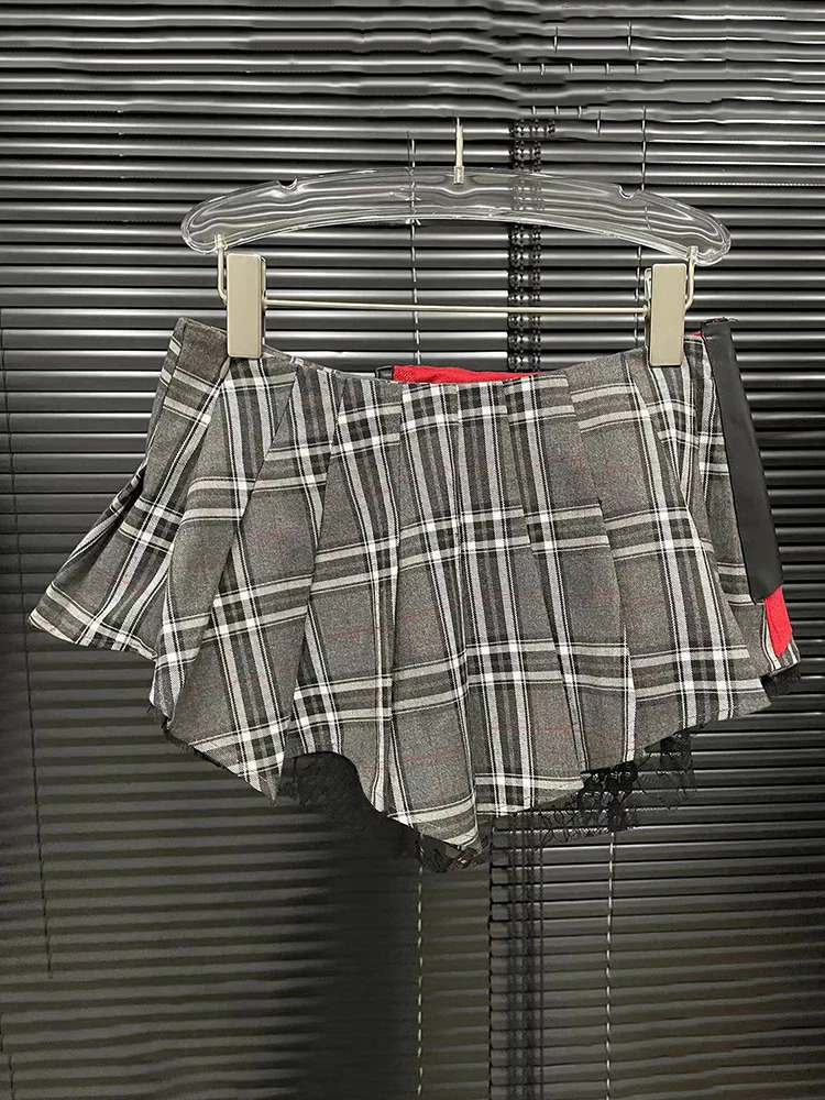 DEAT Fashion Trendy Womens Patchwork Plaid Pleated Mini Skirts Summer High Waist A-line Skirt Female 29L7565 250409