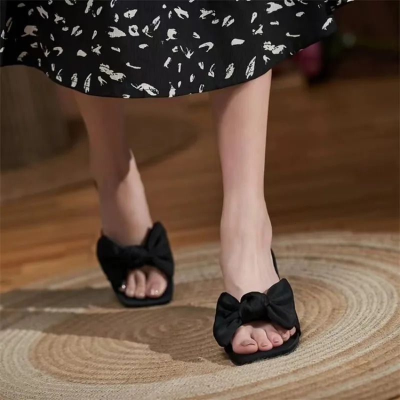 Bow Womens Mule Slippers Outdoor Square Thin Toe High Heels Sandals Party Dress Slippers 250411