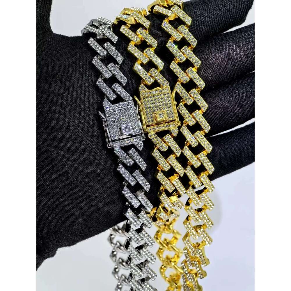 DHcollections 15mm Miami Fully Chilled Paved Rhie Cuban Chain Straight Pull Pearl Rap Necklace