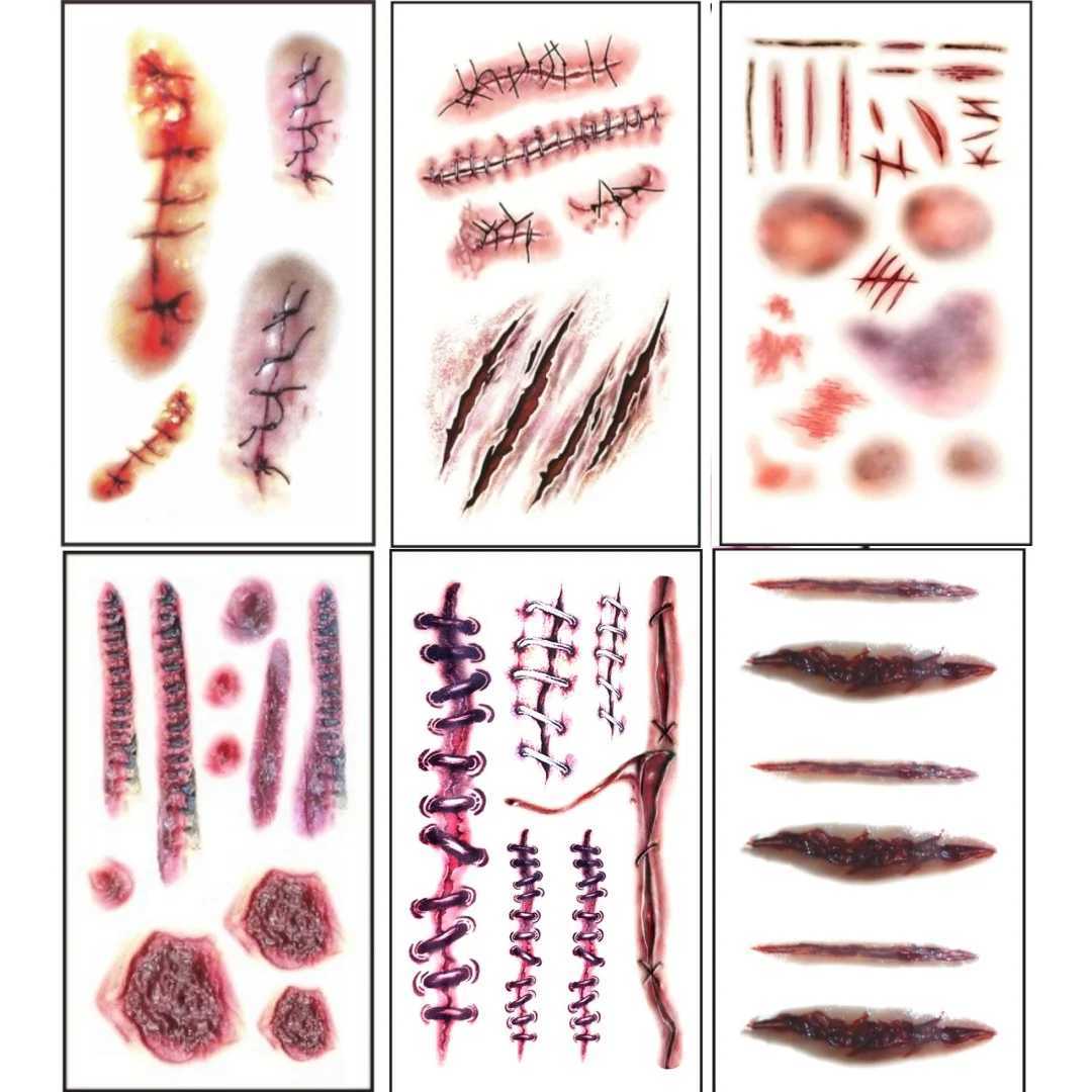 10 pieces of 3D fake scar tattoo stickers terrifying real wounds temporary scars tattoos April Fools Day bloody DIY makeup stickersXJ25414