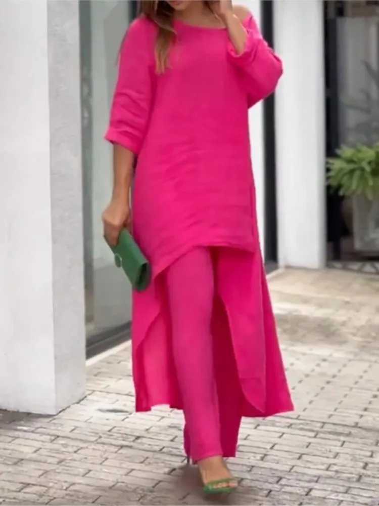 Womens cotton linen pants set fashionable solid casual irregular top wide leg pants set office womens two-piece suitXJ250414