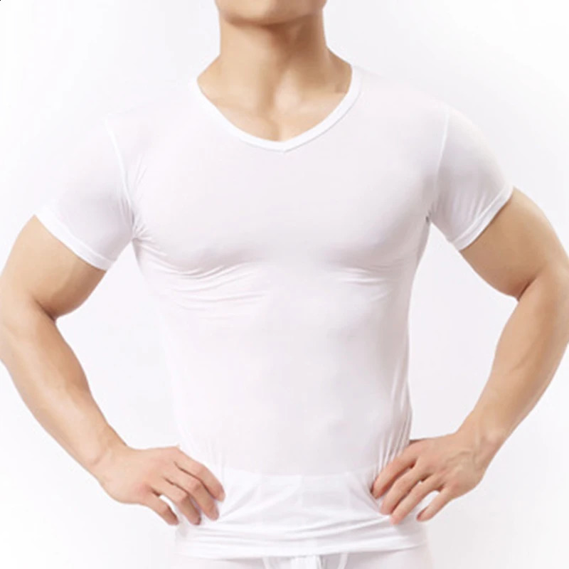 Mens Sheer Undershirts Man Ice Silk Mesh See through Basics Shirts Sexy Fitness Bodybuilding Underwear 250411