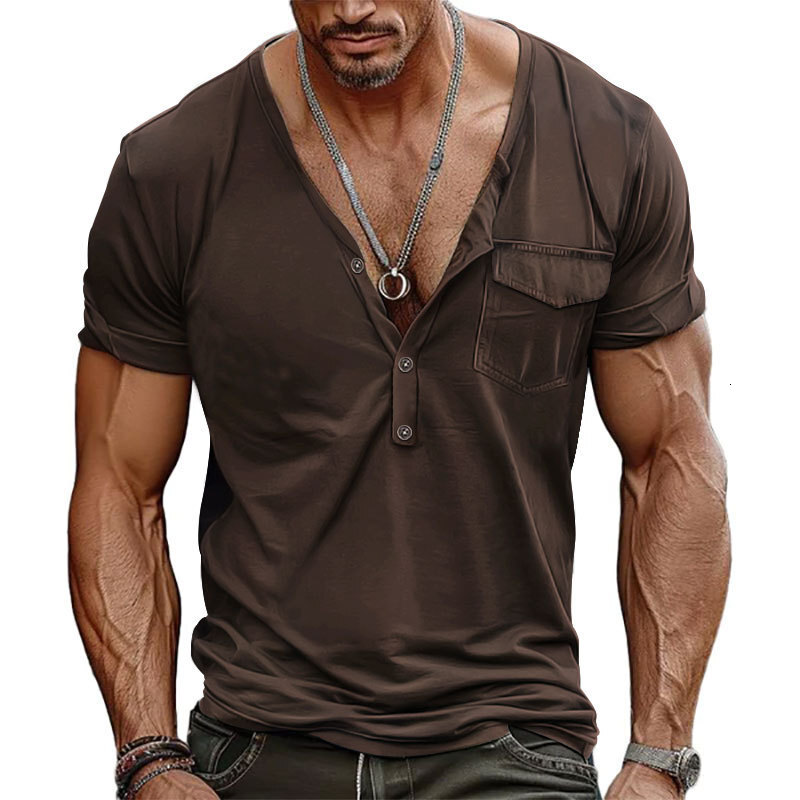 2024 mens plus size summer casual buckle slim fit short sleeved T-shirt Henry V-neck pocket top