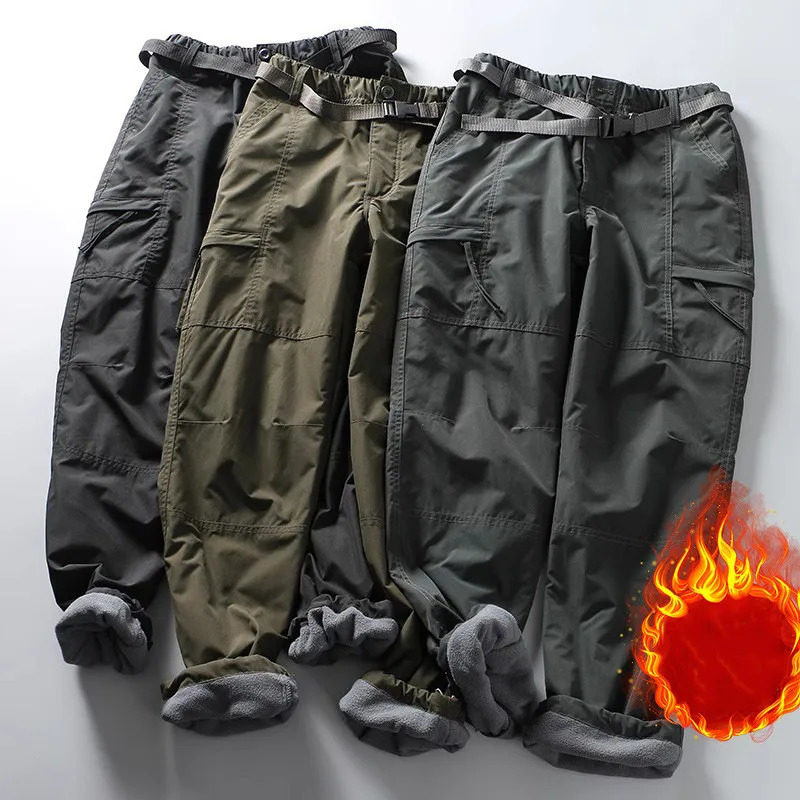 Casual Cargo Pants Thicken Outdoor Waterproof Fleece Men Winter Warm Loose Straight Overall Long Trousers Multipockets 251113