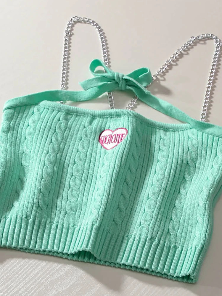 Heliar Womens Y2k Metal Chain Sexy Top Ribbed Knitted Crop Solid Camis Strap Sweet Cute 2024 Summer 250414Z