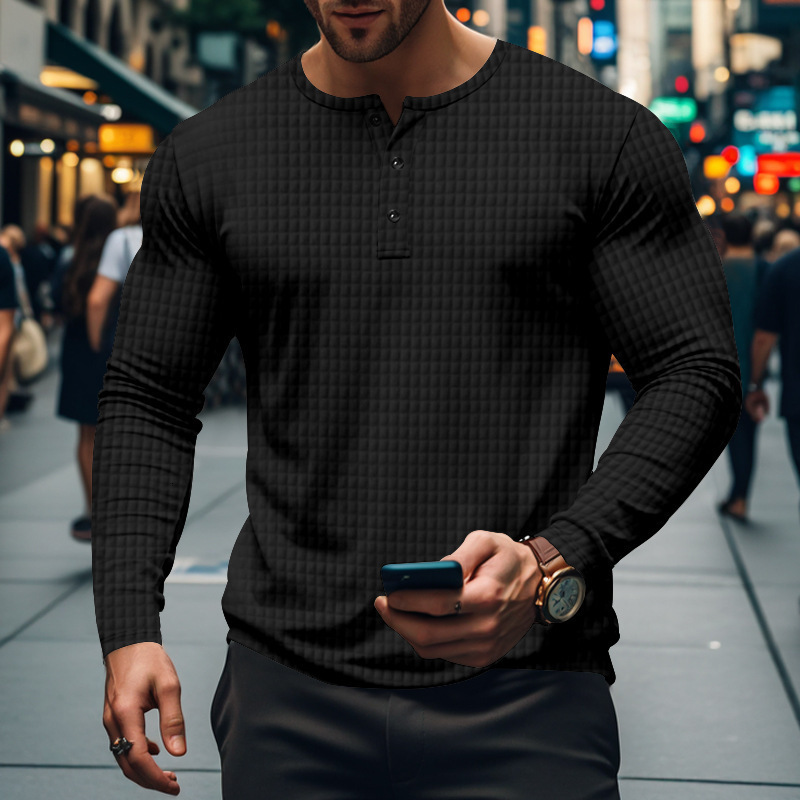 Autumn and winter temu small grid casual sports breathable mens long sleeved T-shirt mens casual Henry shirt