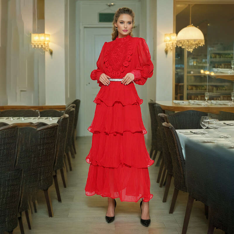 Designer Stylish Women's Long Dress with Ruffles, Lace Work, and Stand-Up Collar Perfect Fit and Comfortable Wear