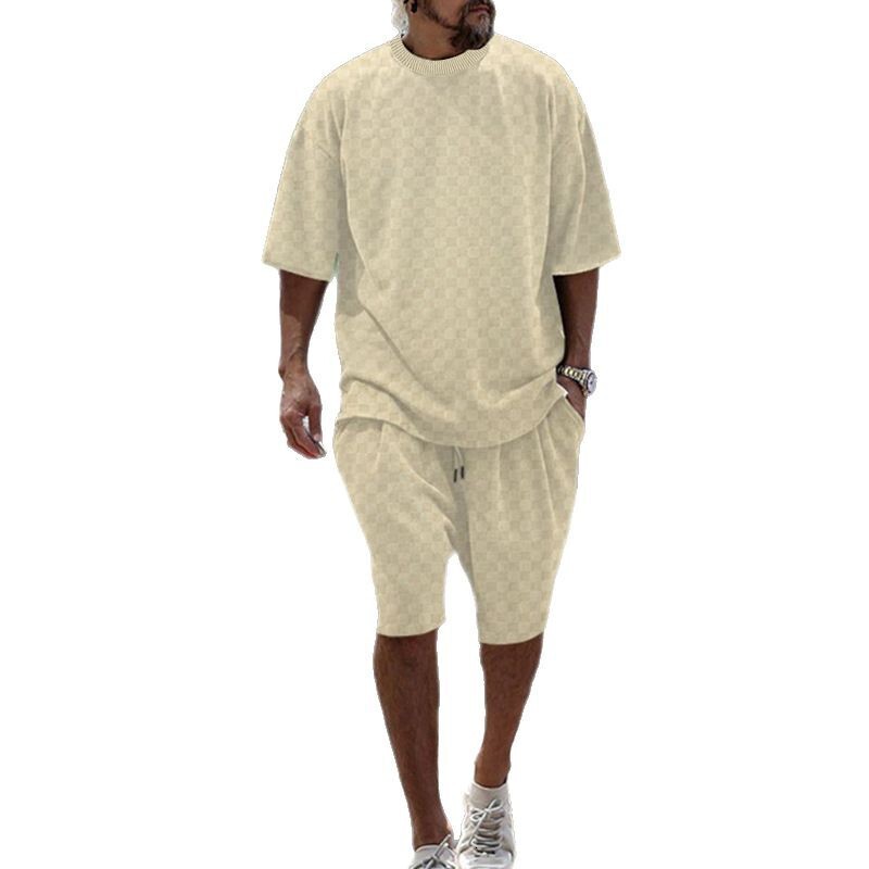 2025 Summer Towel Grid Jacquard Loose Large Straight Tube Casual Set for Sports Men's Wear