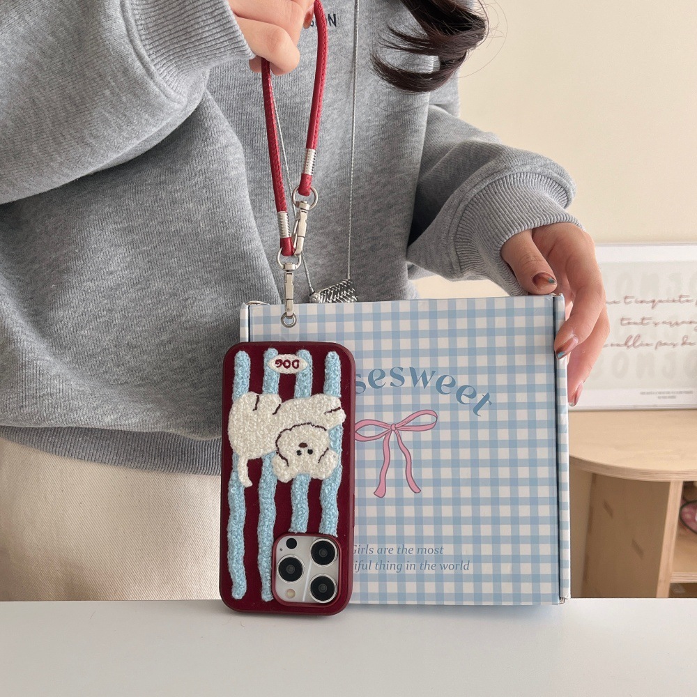Embroidered Striped Puppy Phone Case Compatible with iPhone 17/16 Pro Cartoon Two-in-One 15/14 Shockproof