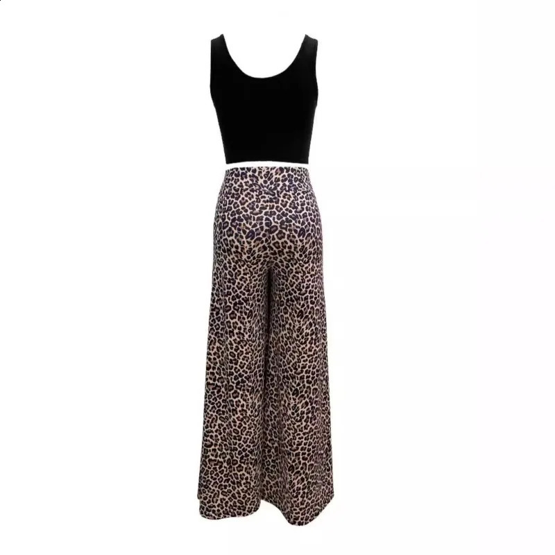 Women Two Piece Sets Outfits 2024 Summer Fashion Square Neck Sleeveless Crop Tank Top Leopard Print Pocket Wide Leg Pants Set 250414