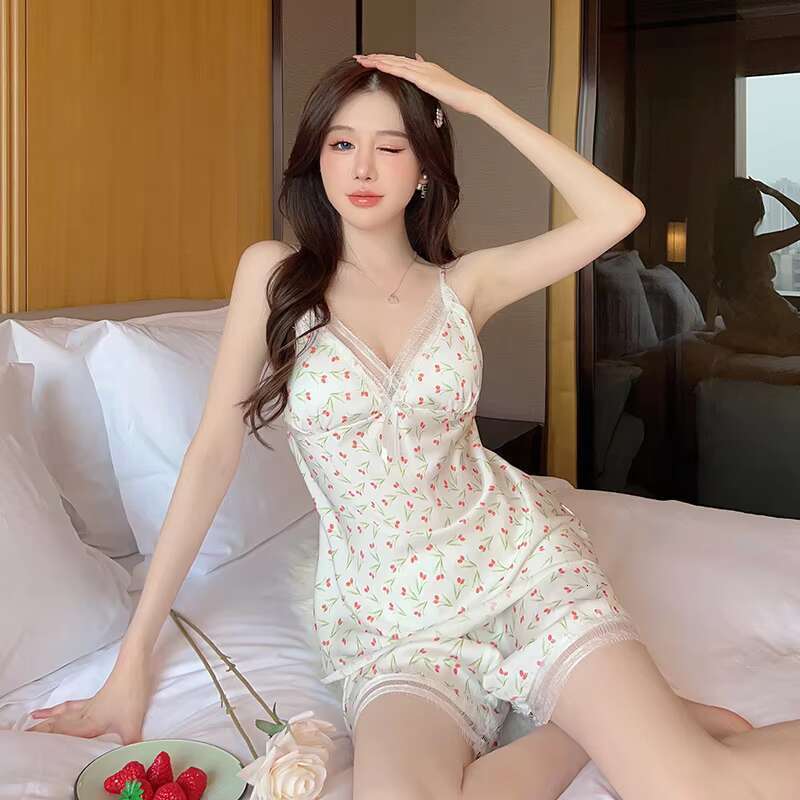 High Rated Loose Satin Sexy Ladies Gerie Sleepwear Two Piece Nightwear Comfortable Women Pama