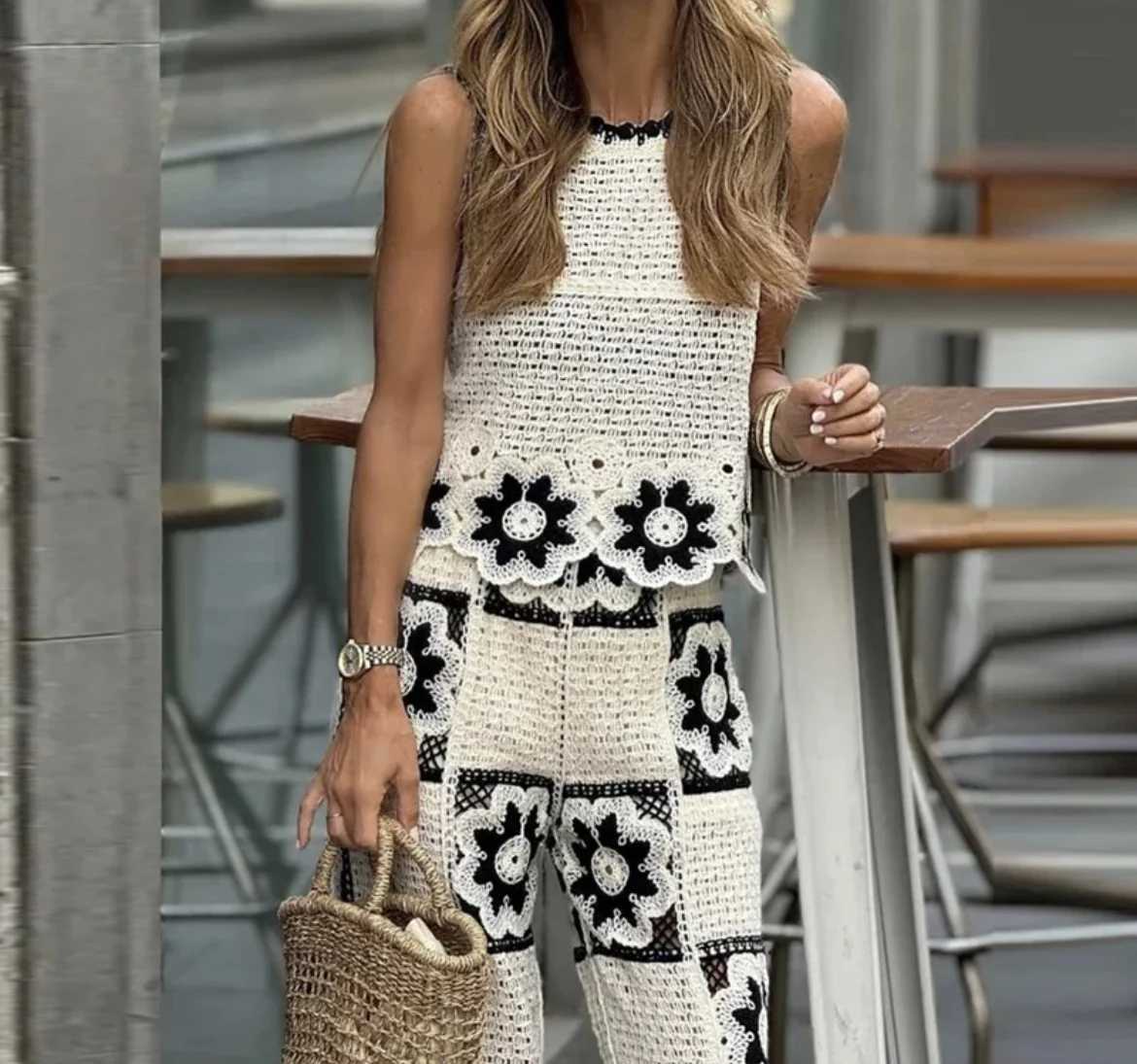 Autumn new European and American style crocheted sleeveless top contrasting color knitted wide leg pants fashion setXJ250414