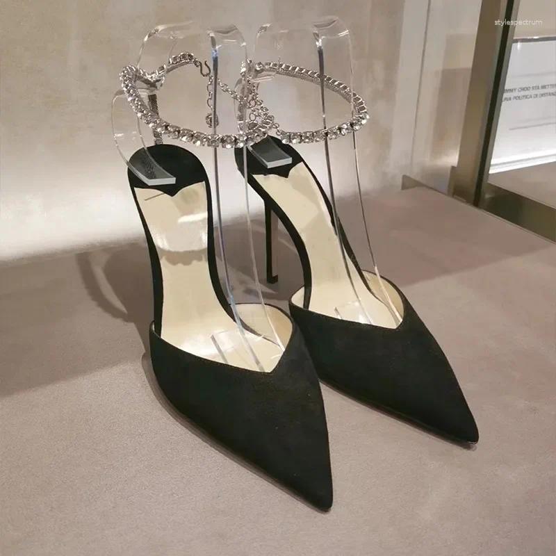 Dress Shoes 2025 Satin Pumps Crystal Pendant One Word Rhinestone Chain High Heels Pointed Thin Heel Sexy Sandals Wedding